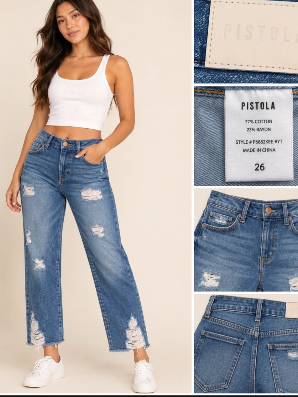 Anthropologie Pistola Straight Leg Distressed Jeans Size 26 Medium Wash Denim